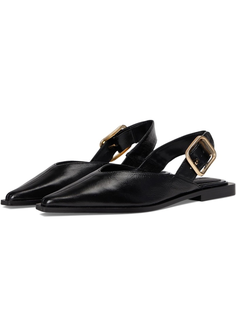 Steve Madden Black Pointed Slingback Flats with Gold Buckle Accent